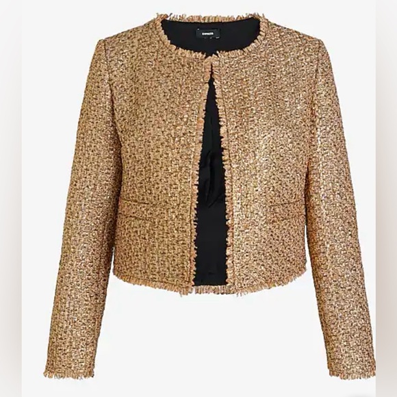 Brand New Express Gold Metallic Tweed Fringe Trim Jacket (Size: XS) - Picture 2 of 6
